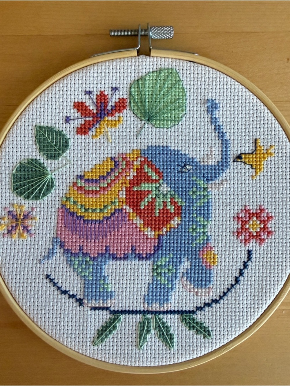 Handmade Elephant Cross Stitch Hoop Art | Colorful Boho Nursery Decor